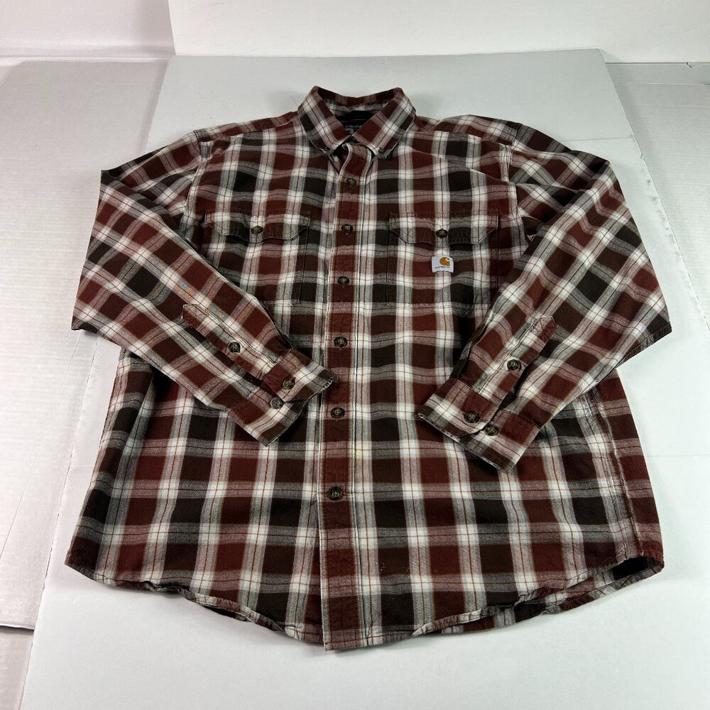 Carhartt Shirt Adult Medium Red & White Loose Fit Pockets Button Up Long Sleeve